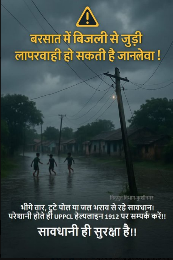 dvvnlhq's tweet photo. बरसात के मौसम में बिजली से जुड़ी छोटी लापरवाही भी बड़ी दुर्घटना का कारण बन सकती है। ⚠️ खुले तारों, टूटे खंभों और भीगे उपकरणों से दूर रहें।
📷#UPPCL1912 #ElectricityAlert #StaySafe
@UPPCLLKO @aksharmaBharat @AKSharmaOffice @EMofficeUP @MDDVVNL @mduppcl @CMOfficeUP https://t.co/HK4ZHPTXE8
