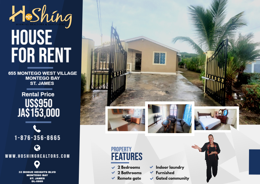 hoshingrealtors's tweet image. Spacious 2-bedroom, 2-bathroom house with remote gate, indoor laundry, and furnished in a gated community. Rent now for US$950. Call 1-876-356-8665. #MontegoBay #HouseForRent #GatedCommunity