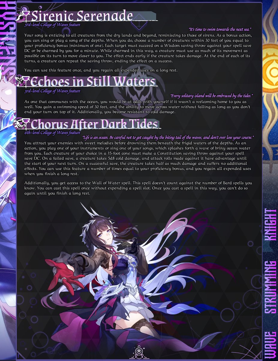 undertomesThe's tweet photo. With mermaid-like enchantment, your focus on control and hitting in an area of effect splashes to life in this Bard subclass for #dnd5e! Subclass nspired by #WutheringWaves
#undertomes #subclass #homebrew https://t.co/Yv4Gl3TxuT