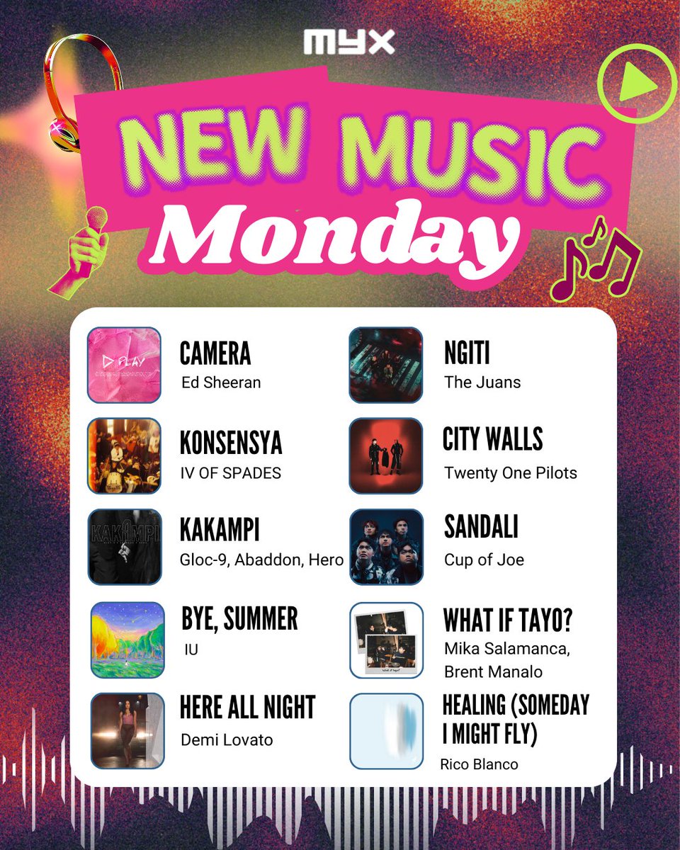 myxglobal's tweet image. 🎶 Hey GEN MYX, your weekly music refresh is here! Check out the latest drops on #NewMusicMonday 👇

Camera by @edsheeran 
Konsensya by @IVOFSPADES 
Kakampi by @glocdash9, Abaddon, Hero 
Bye, Summer by @_IUofficial 
Here All Night by @ddlovato 
Ngiti by @TheJuans_BAND 
City Walls