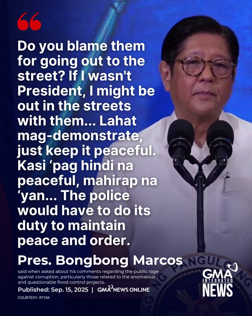 gmanews's tweet image. "JUST KEEP IT PEACEFUL"

President Bongbong Marcos seemed to encourage the public to make their feelings known, following reports of continued protest actions against corruption, particularly those related to the anomalous and questionable flood control projects. 

However, the…