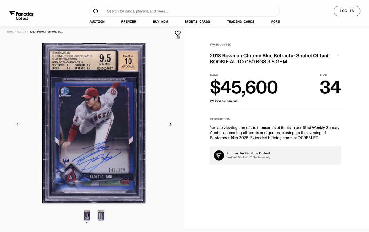 🚨 SALE ALERT: NEW COMP 🚨

2018 Bowman Chrome Blue Refractor Shohei Ohtani Rookie Auto /150 BGS 9.5 sold for $45,600 last night on Fanatics Collect, making it the highest-ever public sale for a BGS 9.5 grade. 

A PSA 10 grade sold for $81,000 back in May.