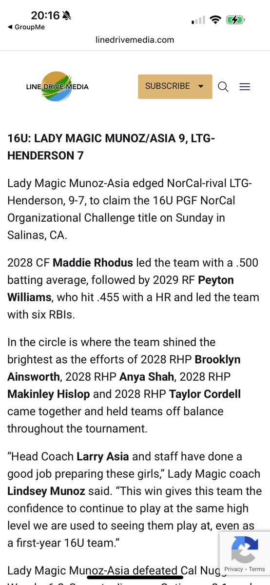Thank you <a href="/LineDsoftball/">Line Drive Media</a> and <a href="/los_stuff/">Carlos Arias</a> for the nice write up and shout out after my squad <a href="/LM_Munoz_Asia/">Lady Magic Munoz- Asia</a> won the <a href="/PGFnetwork/">PGF</a> NorCal Organizational Challenge 16U division! <a href="/ExtraInningSB/">EXTRA INNING SOFTBALL</a> <a href="/SBRRetweets/">Softball Recruiting Reposts</a> <a href="/ondecksoftball/">OnDeck Softball 🥎</a> <a href="/On3Recruiting/">On3 Recruiting</a> <a href="/fastpitchwatch/">Fastpitch Watch</a> <a href="/softballamerica/">Softball America</a>
