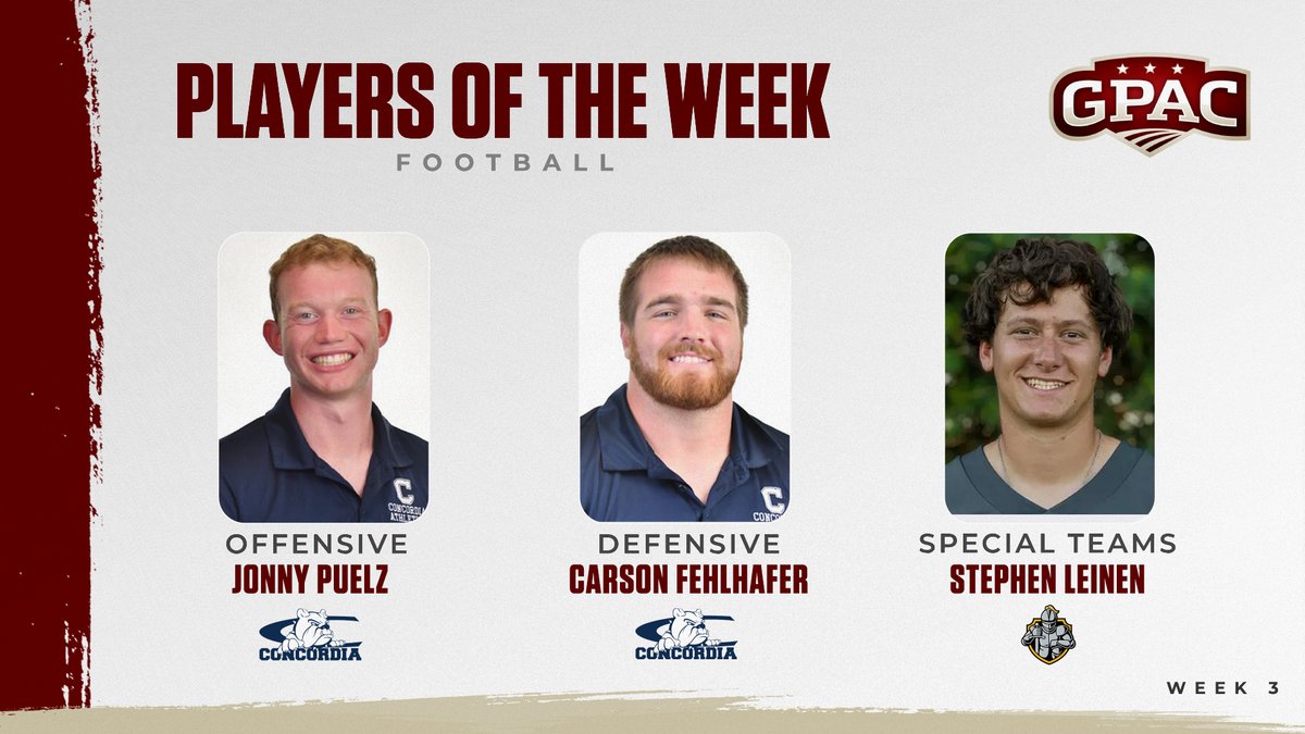GPACSports's tweet photo. FOOTBALL: Week 3 Honors - (Offensive) WR - Jonny Puelz and (Defensive) DL - Carson Fehlhafer both of @cunebulldogs and (Special Teams) K - Stephen Leinen of @dordtdefenders.

Complete Release:
 https://t.co/0Ygv49mNmh https://t.co/9oTvB5jJNr