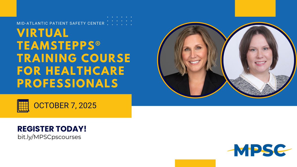 MidAtlSafety's tweet image. 📅 Mark your calendar: Oct 7 @ 12 PM ET
Join our Virtual TeamSTEPPS® Training—a 4-hour course to improve teamwork, communication &amp;amp; patient safety.

Learn SBAR, Huddles, Check-Back &amp;amp; more.
Register: learn.midatlanticpatientsafety.org/products/virtu…

#PatientSafety #TeamSTEPPS