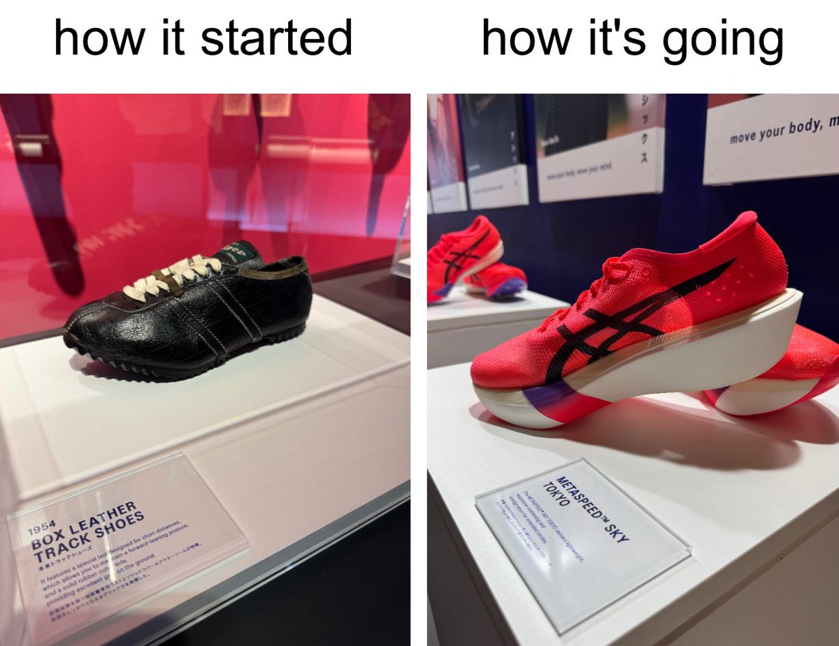 Running shoes 71 years apart. 

On display at ASICS House in Tokyo.