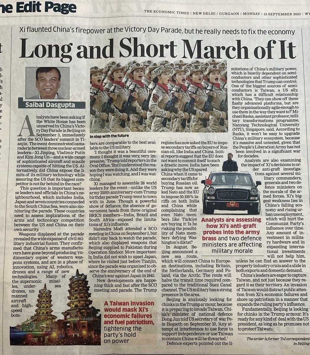 Did China’s military parade unnerve the U.S. or expose its weaknesses? My article in today’s The Economic Times.