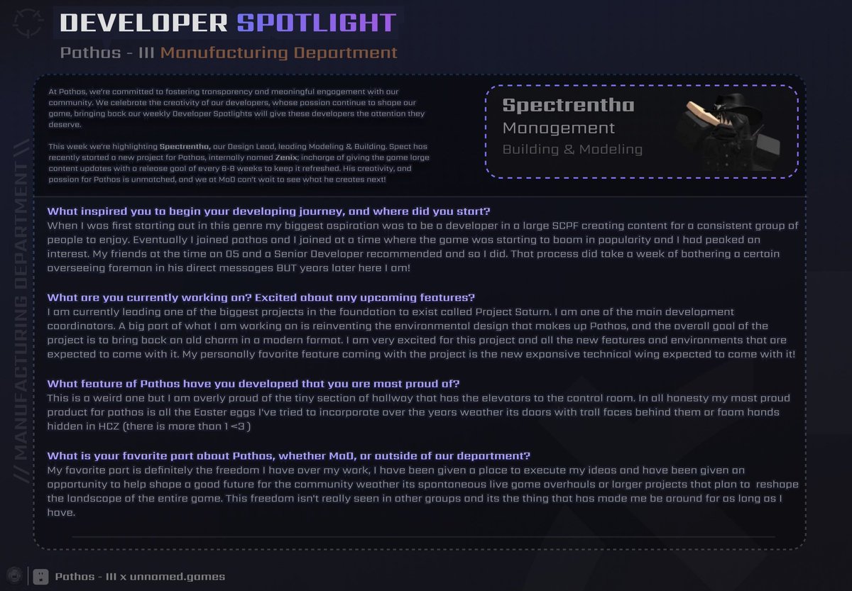 Pathos_III's tweet photo. 📅 On this weeks developer spotlight…

Meet Spectrentha, one of our longest standing developers, and our management design lead! They’re currently involved in tons of projects, most notably being the highway update, which we’ve attached some teasers of!

Our Patreon and Nitro supporters saw these teasers a while ago, make sure to support the Foundation to get early-access to teasers!
https://t.co/OwYD4MBNOv
#Roblox #RobloxDev #SCP