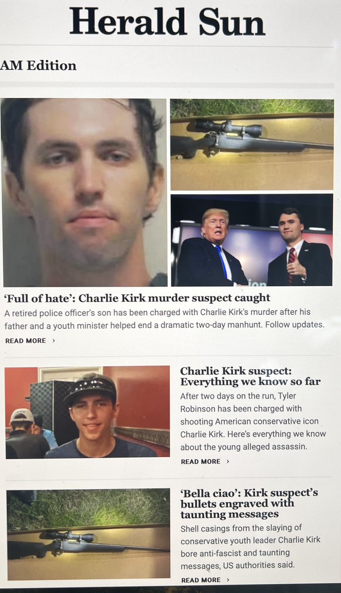 Commoncents21's tweet image. Can anyone recall the Herald Sun giving this much prominence to the evil and cold blooded school shootings in America yet this Kirk guy (I’d never heard of him until last week) is now centre stage in our faces every day by Australian media? 🤬

#AustralianMedia 👎