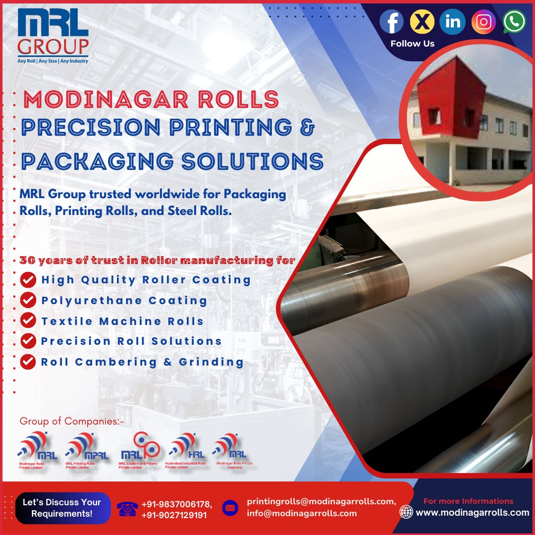 modinagarrolls's tweet image. Precision. Strength. Performance.
That’s MRL Group – Modinagar Rolls.
✔️ Packaging &amp;amp; Printing Rolls
✔️ Steel &amp;amp; Textile Machine Rolls
✔️ High-Quality Coating &amp;amp; Grinding

📞 +91-9837006178 
🌐 modinagarrolls.com/printing-roll
#ModinagarRolls #PrintingRolls #SteelRolls #MRLGroup