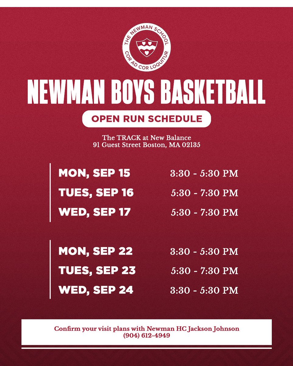 Attention College Coaches. Here is our #NewmanOpenRun schedule for the next two weeks! We look forward to hosting you all. #GoCards #OfBoston