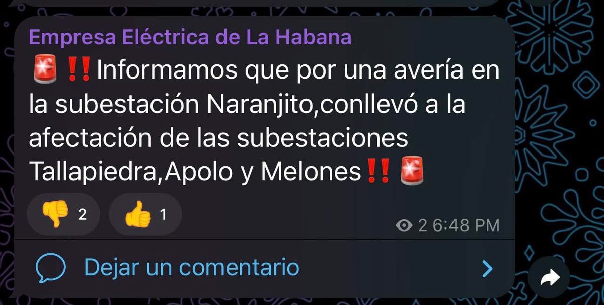 MarioJPenton's tweet photo. ⚠️⚠️ #Urgente: Varios municipios de La Habana en apagón tras una nueva avería en la subestación eléctrica.

Agárrense que vienen curvas: otra noche a oscuras para los habaneros.
La historia de nunca acabar… a los cubanos se les va la vida entre apagones y promesas eternas. https://t.co/4N41i6dB9n