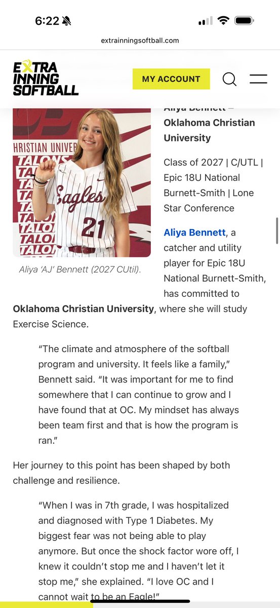 Aliya “AJ” Bennett (@ajbennett2027) on Twitter photo Thank you <a href="/ExtraInningSB/">EXTRA INNING SOFTBALL</a> for including me in the I Committed series! 
#TalonsUp
<a href="/OCeaglesSB/">OC Softball</a> <a href="/ShaleeRodriguez/">Shalee Rodriguez</a> <a href="/BayMcKittrick/">Bailey McKittrick</a> <a href="/sydneysherrilll/">Sydney Sherrill</a> 
<a href="/2026Epic/">Epic National 18U (Burnett /Smith)</a> <a href="/CATitanSoftball/">Carl Albert Softball</a> Thank you <a href="/ExtraInningSB/">EXTRA INNING SOFTBALL</a> for including me in the I Committed series! 
#TalonsUp
<a href="/OCeaglesSB/">OC Softball</a> <a href="/ShaleeRodriguez/">Shalee Rodriguez</a> <a href="/BayMcKittrick/">Bailey McKittrick</a> <a href="/sydneysherrilll/">Sydney Sherrill</a> 
<a href="/2026Epic/">Epic National 18U (Burnett /Smith)</a> <a href="/CATitanSoftball/">Carl Albert Softball</a>
