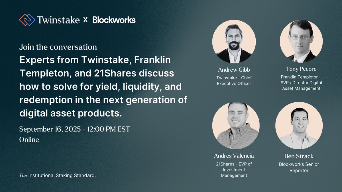 Don't forget to secure your spot at tomorrow's Blockworks roundtable!  

Join <a href="/twinstake_io/">Twinstake</a>   CEO Andrew Gibb and leaders from <a href="/FTDA_US/">Franklin Templeton Digital Assets</a>  and @21Shares  as we unpack the critical hurdles in ETF design and staking integration. From reward mechanics to regulatory clarity, we’re