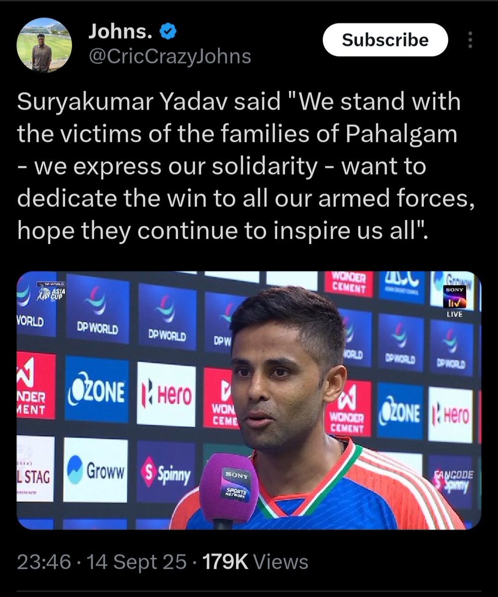 theArCh07's tweet photo. Surya showing his class with that post-match presentation. Amidst all the drama, let's not forget that the players have no say in boycotting matches and only go by BCCI's orders so they shouldn't be made scapegoats in all of this. They deserve nothing but our support.
#INDvsPAK https://t.co/pPQFcZJlS2