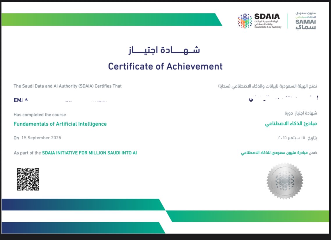 شكراً على هالمبادرة للي يبون يتعلمون الحقوا عليها لا تفوتونها ،
“مبادئ الذكاء الاصطناعي”من الهيئة السعودية للبيانات والذكاء الاصطناعي #سدايا ضمن مبادرة #سماي مليون سعودي للذكاء الاصطناعي .