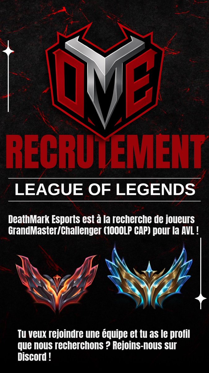 Si tu as le niveau et l’ambition, c’est le moment de rejoindre l’une des plus grandes communautés League of Legends au Québec.  Pour nous rejoindre c’est tous simple : discord.gg/deathmarkespor… juste a rejoindre le lien ici et dm Coussinhoo sur Discord