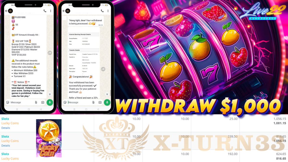 Xturn33's tweet photo. 🎊 Congratulation To Player Get  🎊 BIGWIN 🎊

🕹 Platform : Live22
🎲 Game Name : Lucky Coin
💵 Deposit ► AUD55
💸 Withdrawal ► AUD$1,000

Find Us On :
WhatsApp📲 https://t.co/ldPxBRCt0E
Telegram📲   @Xserviceaus2. https://t.co/HAR9ML9yTk