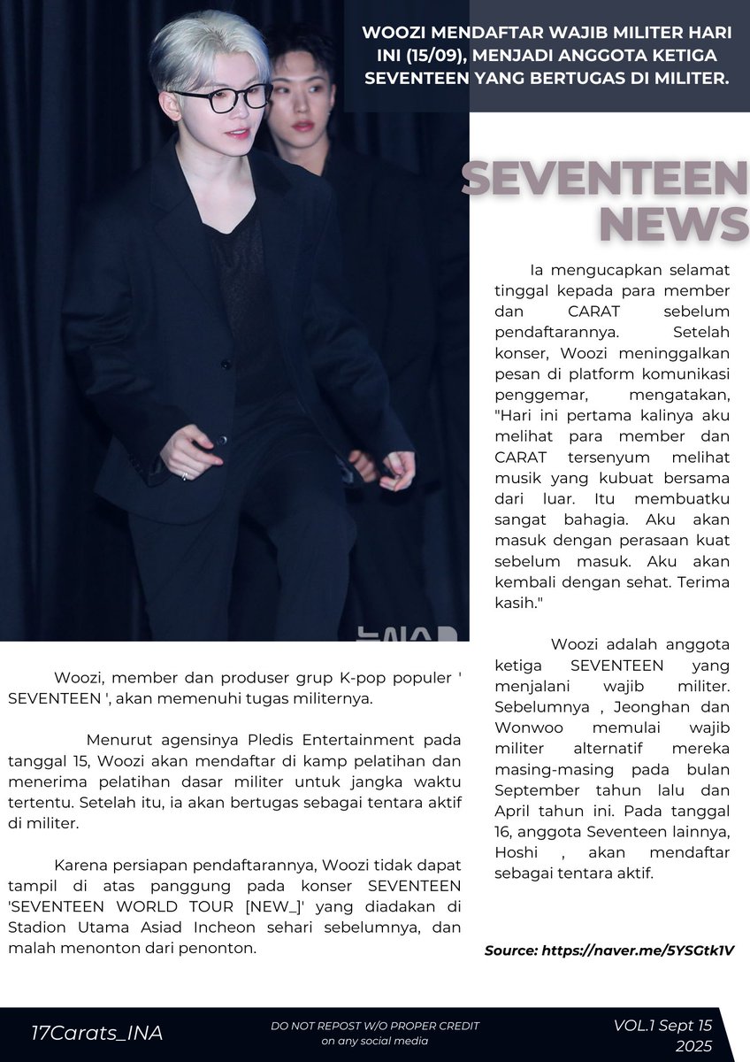 [#NEWS] Woozi mendaftar wajib militer hari ini, menjadi anggota ketiga SEVENTEEN yang bertugas di militer

Woozi, anggota dan produser grup K-pop populer ' SEVENTEEN ', akan memenuhi tugas militernya. 

Menurut agensinya Pledis Entertainment pada tanggal 15, Woozi akan mendaftar