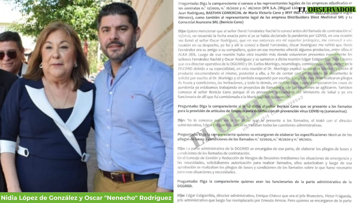 🟩 La exdirectora de Riesgos de la Municipalidad de Asunción, Nidia Rosa López de González, declaró ante la Fiscalía que el exintendente, <a href="/nenechopy/">Nenecho Rodríguez</a> , le había convocado a su despacho donde le presentó como “un amigo o compañero” a David Fernández Rachid, que en ese momento