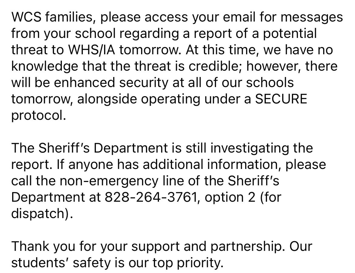 Important message regarding enhanced security at all of our schools tomorrow, 9/15/25.

Student and staff safety is our top priority.