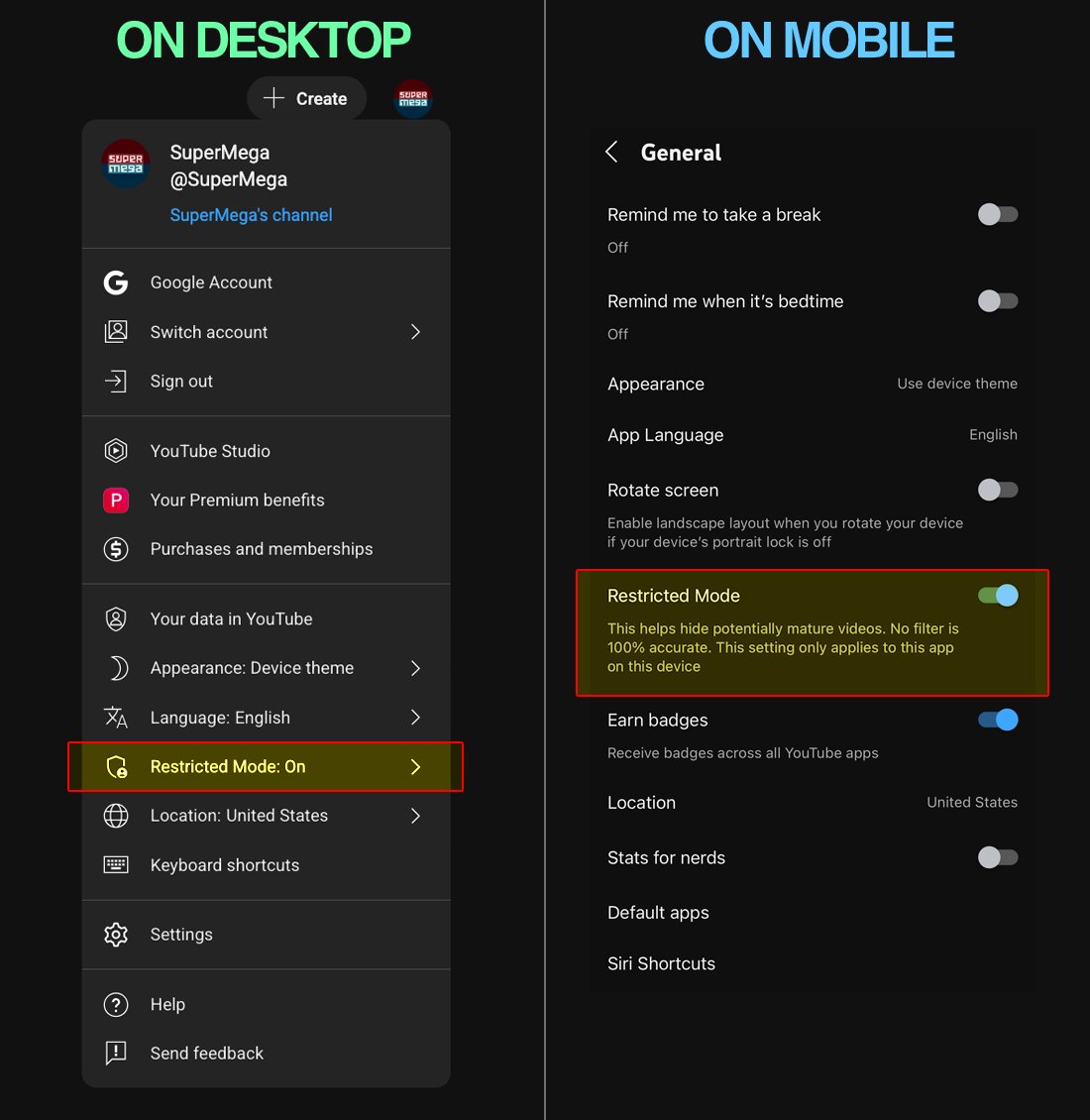 SuperMegaShow's tweet image. YouTube has introduced a feature called &quot;Restricted mode&quot; which uses AI to hide videos that *might* be inappropriate.

Go make sure it&apos;s not automatically turned on, as many users have reported.

When enabled, only 8 out of the last 150 videos we&apos;ve posted are visible.