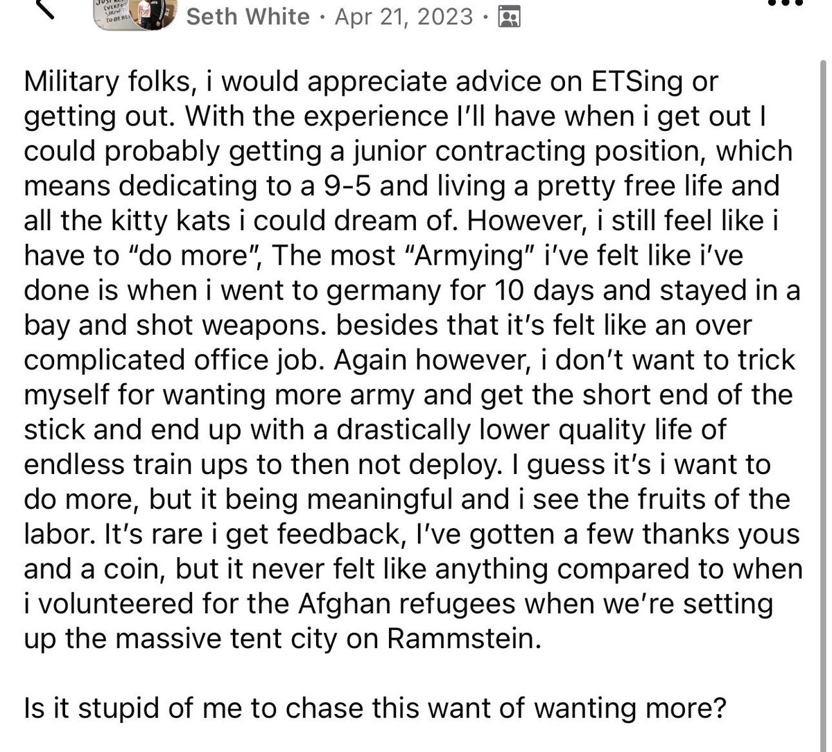 Anons I need your help. 

His name is Seth White. I believe <a href="/USArmy/">U.S. Army</a> 

Went to Rammstein AFB to volunteer with Afghan Refugees. 

I need help identifying this individual. 

Do your thing. Make him famous <a href="/libsoftiktok/">Libs of TikTok</a> <a href="/Anc_Aesthetics/">Aesthetica</a> <a href="/Anarseldain/">Sólionath</a> <a href="/DeptofWar/">Department of War 🇺🇸</a>