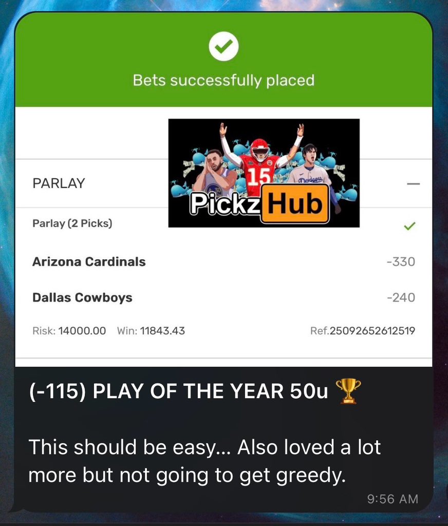 BANGGGGGGG NFL STAYS ON FIRE!!! 🏆✅🔥

PLAY OF THE YEAR (-115) 50u 🏆✅
COWBOYS ✅
CARDINALS ✅

HAVE THE EASY NFL WINNER FOR TOMORROW!!!
PickzHub.com 🏈🔒