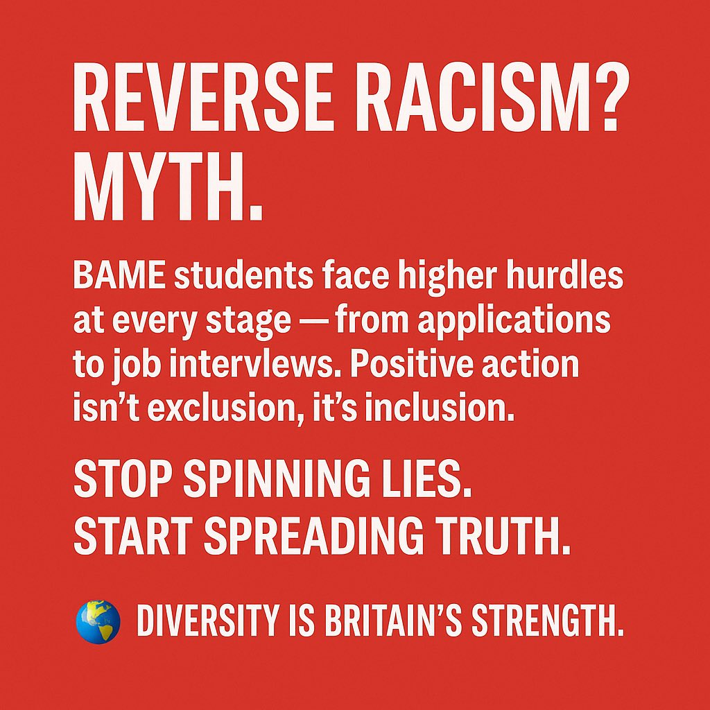 tomcatmeredith's tweet photo. @sophielouisecc @sophielouisecc Reverse racism’ doesn’t exist. The data is clear: BAME students face more barriers, not fewer. Contextual offers level the field — they don’t punish achievement. Stop crying wolf. Start facing facts. 🌍✊ #UnityInDiversity https://t.co/uLAVX52CQ0