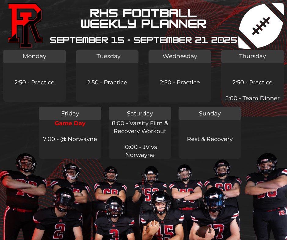 RittmanFootball's tweet photo. Week 5 Preview π
Weβre 4-0 after a dogfight win over Waynedale. Time to lock in & chase 5-0.
π½ Thurs β Team dinner
π Fri β Road test at Norwayne, 7PM
π Sat β JV vs Norwayne, 10AM (home)
Short trip. Pack the stands. Bring the noise. π΄β«βͺ #GoRitt #Week5 #RoadWarriors https://t.co/2j1sH5CxLC