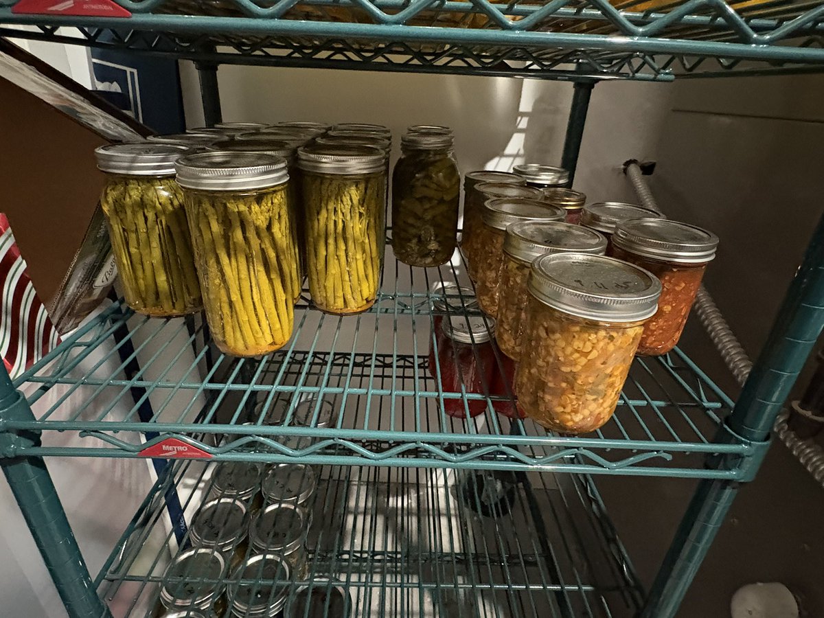 PBoogs8's tweet image. Tis the season to stock up. Hot pickled zucchini, asparagus, cowboy candy, corn salsa, pickled beans and tomato sauce.
