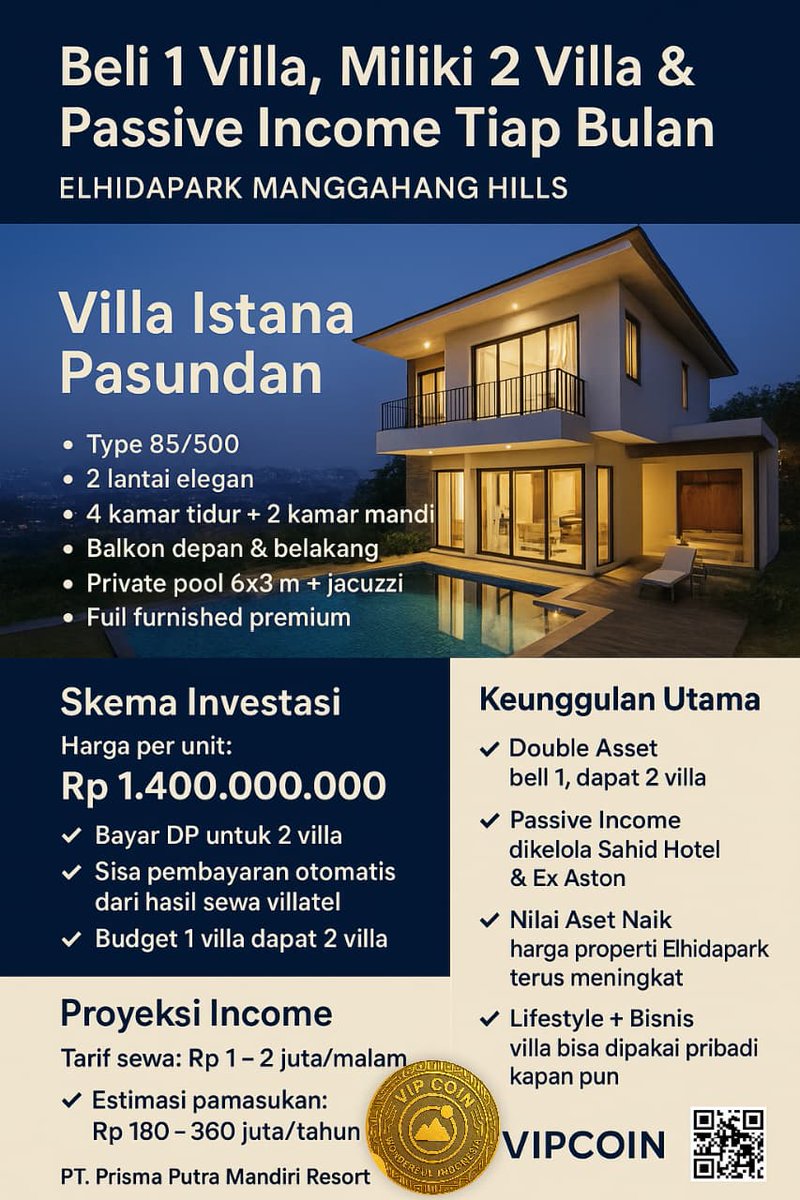 💎“Beli 1 Villa, Miliki 2 Villa&amp;Dapatkan Passive Income Tiap Bulan”

Investasi Cerdas di Villa Istana Pasundan – Elhidapark Manggahang Hills

Anda bisa memiliki villa pribadi mewah dgn private pool&amp;jacuzzi, yg tdk hanya menjadi hunian keluarga, tetapi jg pencetak passive income.