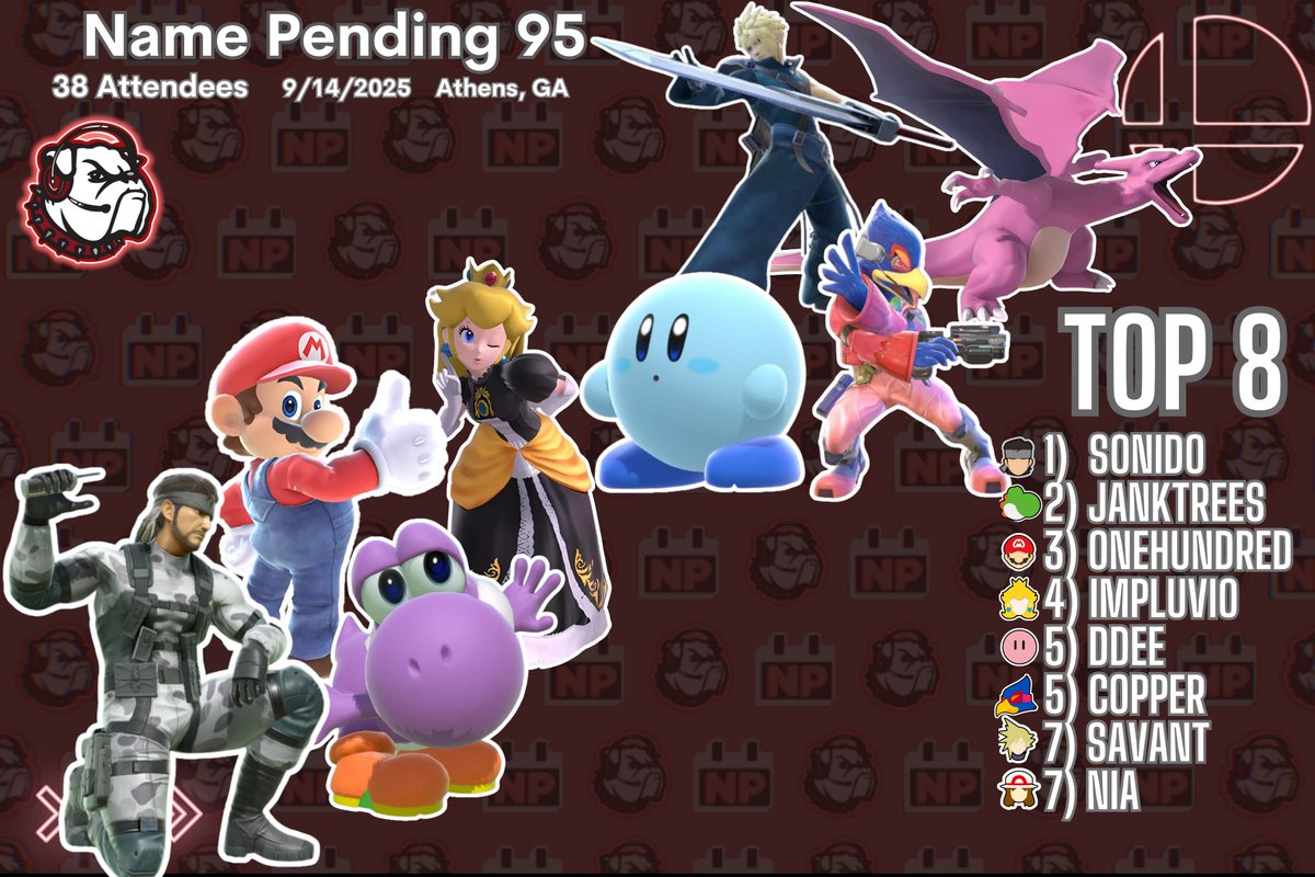 UgaSmash's tweet image. Name Pending 95 finished with a BANG! Sonido won the bracket using both Snake and Sonic defeating every Mario character that came his way. Glad invaders could come out and enjoy Athens. Good job to everyone in top 8 and thank you all for coming!