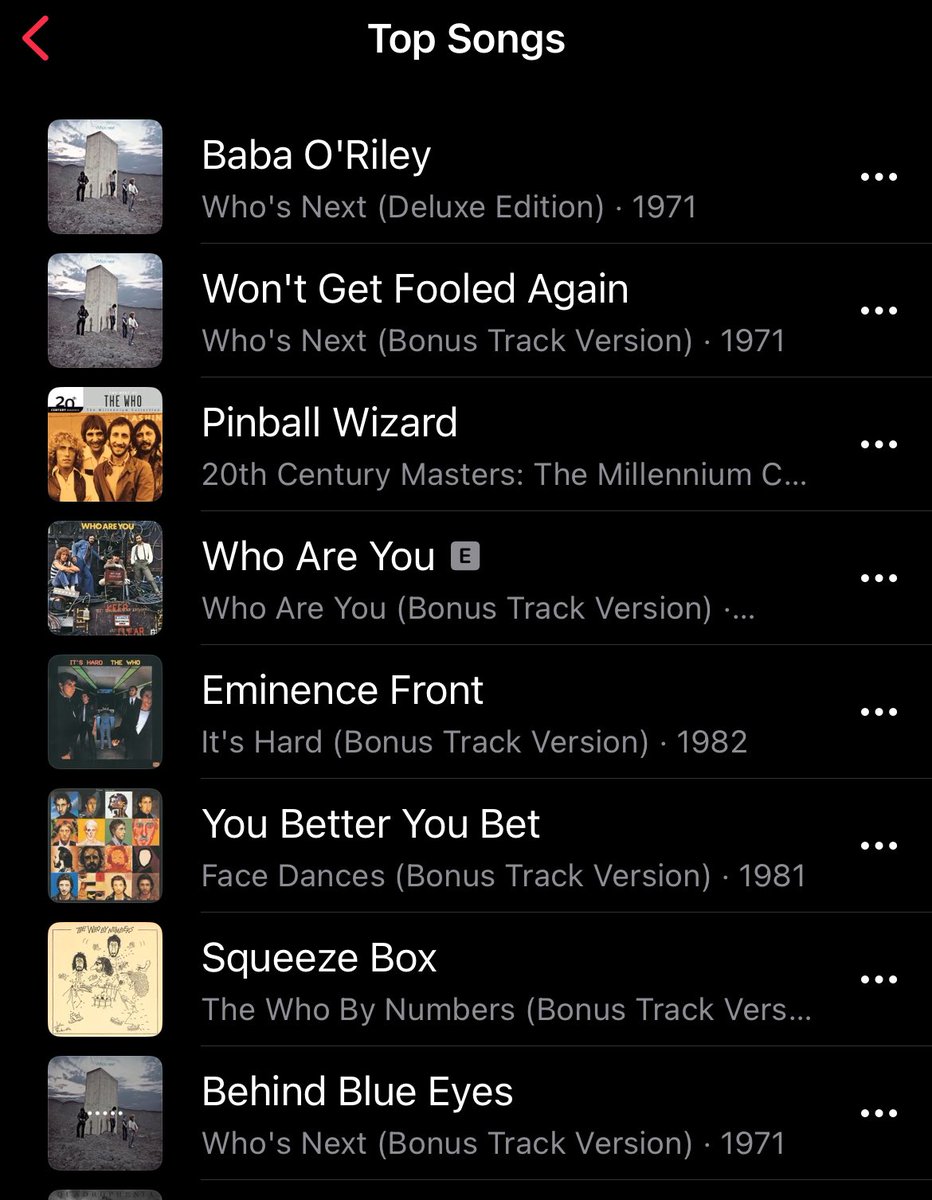 funny_adam's tweet photo. My personal ranking of songs by The Who, seems off on Apple Music. 

1. Baba
2. Who Are You
3. Eminence Front (#1 if driving) 
4. Behind Blue Eyes
5. Pinball Wizard https://t.co/7VHIKJZmn6