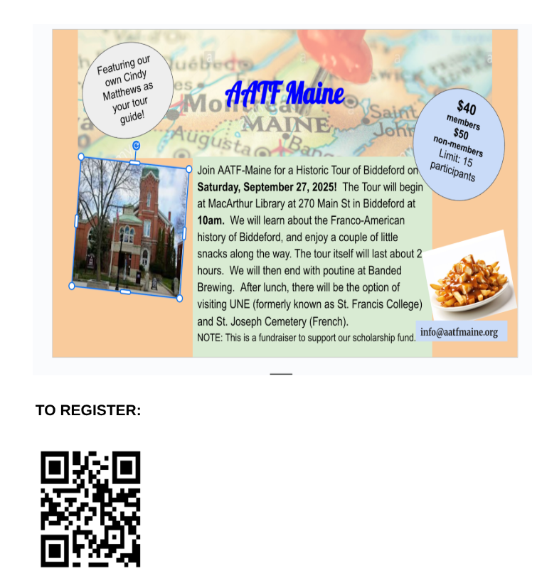 MmeCarbonneau's tweet photo. @AatfMaine is proud to offer a historic tour of Franco-American Biddeford Maine complete with Poutine! Join us. @aatfct @AATFeasternmass https://t.co/LE0S2TxHnM