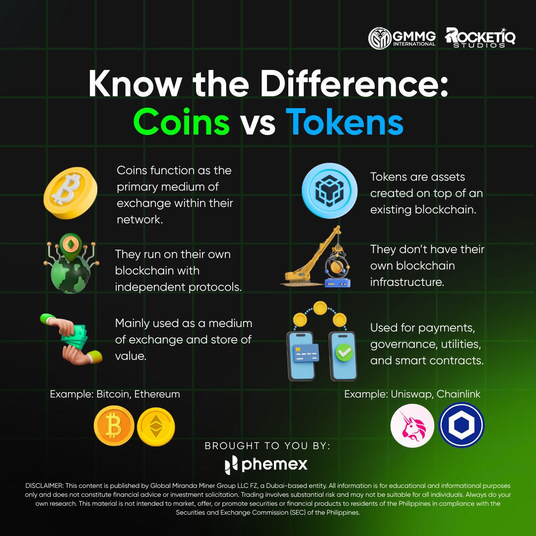 gmmg_official's tweet image. 🚨 Coins ≠ Tokens: The difference that powers the entire crypto ecosystem. 

🔹 Coins = native, independent blockchains (BTC, ETH)
🔹 Tokens = built on top, powering apps &amp;amp; utilities (UNI, LINK)

👉 Coins secure networks. Tokens unlock possibilities. #TradeSmarter #Phemex