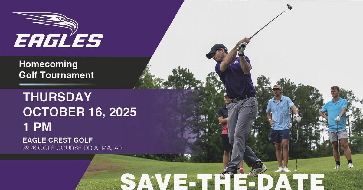 UOzarksAlumni's tweet photo. ⛳ Tee it up at the Homecoming ’25 Golf Tournament! Join us at Eagle Crest in Alma for a four-man scramble—lunch &amp; goody bags by CiCi’s Pizza &amp; Union Bank. $400/team + $40 mulligan package. Limited to 25 teams—register now: https://t.co/6XSNeuGJDp https://t.co/ieNxVpBgJC