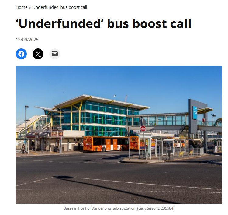 MelbOnTransit's tweet image. Thanks to Dandenong Journal for reporting on the need for fairer bus funding across Melbourne to get all Dandenong bus routes running weekends and major routes operating more frequently. dandenong.starcommunity.com.au/news/2025-09-1… #springst