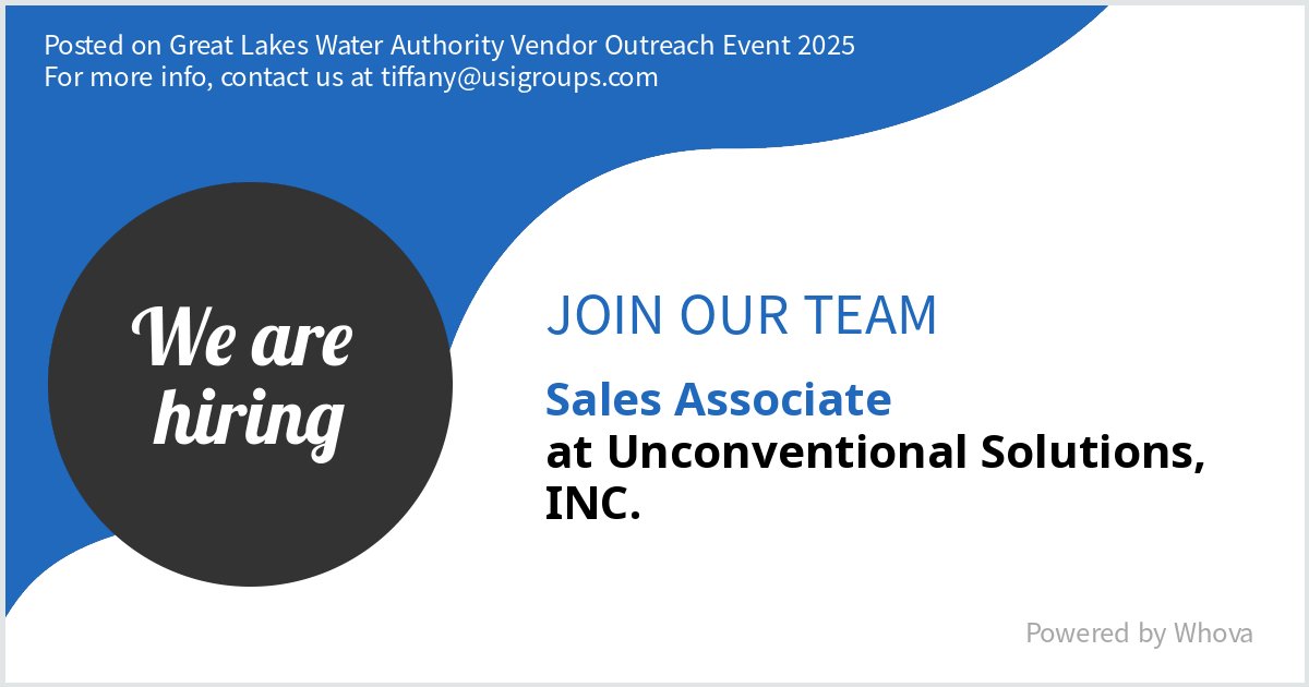 dlklingensmith's tweet photo. We are #hiring for Sales Associate  at Unconventional Solutions, INC.. Message me if you're interested in joining our team. We are attending Great Lakes Water Authority Vendor Outreach Event 2025 if you would like to meet!  - via #Whova event app https://t.co/CV35QdJufH