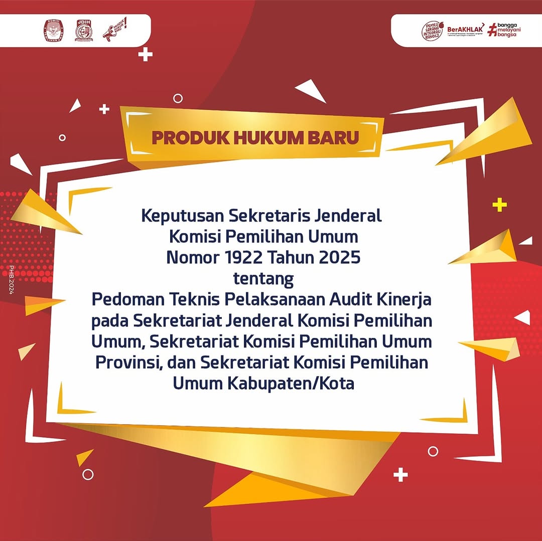 Repost @jdihkpu_ri 
[JDIH NEWS Jumat, 12 September 2025]

Diinformasikan bahwa pada hari ini informasi/produk hukum berikut telah dapat didownload di web JDIH KPU:

Keputusan Sekretaris Jenderal KPU Nomor *1922 Tahun 2025
Link : jdih.kpu.go.id/kepsekjen/deta…