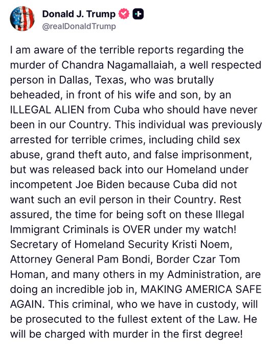 Text stating "Donald J. Trump" with a heart and American flag emoji, followed by "@realDonaldTrump" handle. Additional text mentions Chanda K. Nagamalliah, a well-respected murder victim in Dallas, Texas, and an illegal alien from Cuba involved in child sex abuse and theft, released under Joe Biden.