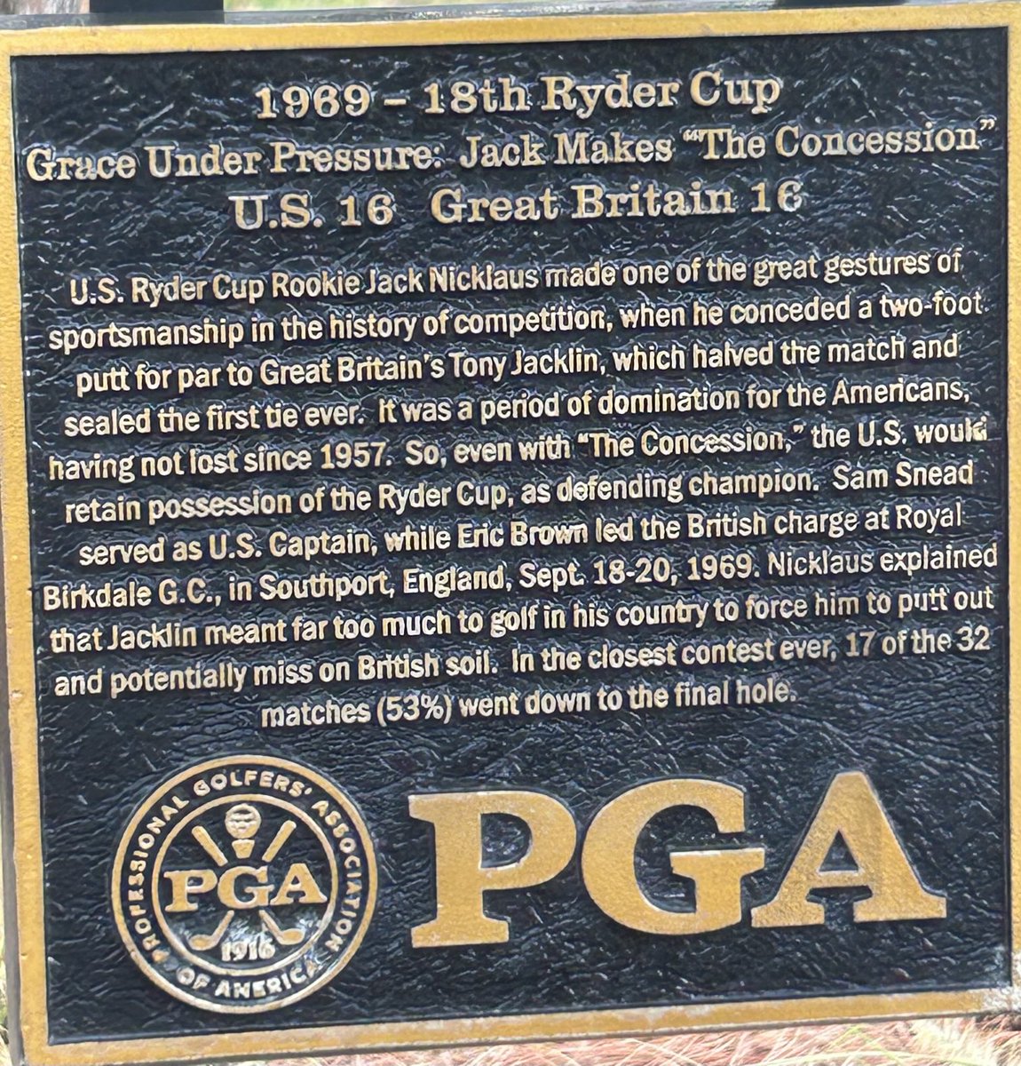 Countdown to the <a href="/rydercup/">Ryder Cup</a> from The Ryder Course <a href="/PGAVillage/">PGA Golf Club at PGA Village</a> where the hole sign on #7 is all about sportsmanship and ‘The Concession’