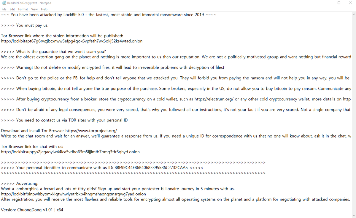 mrglwglwgl's tweet image. LockBit 5.0??

md5: 95daa771a28eaed76eb01e1e8f403f7c
note: ReadMeForDecrypt.txt
ext: .[a-z0-9]{16}