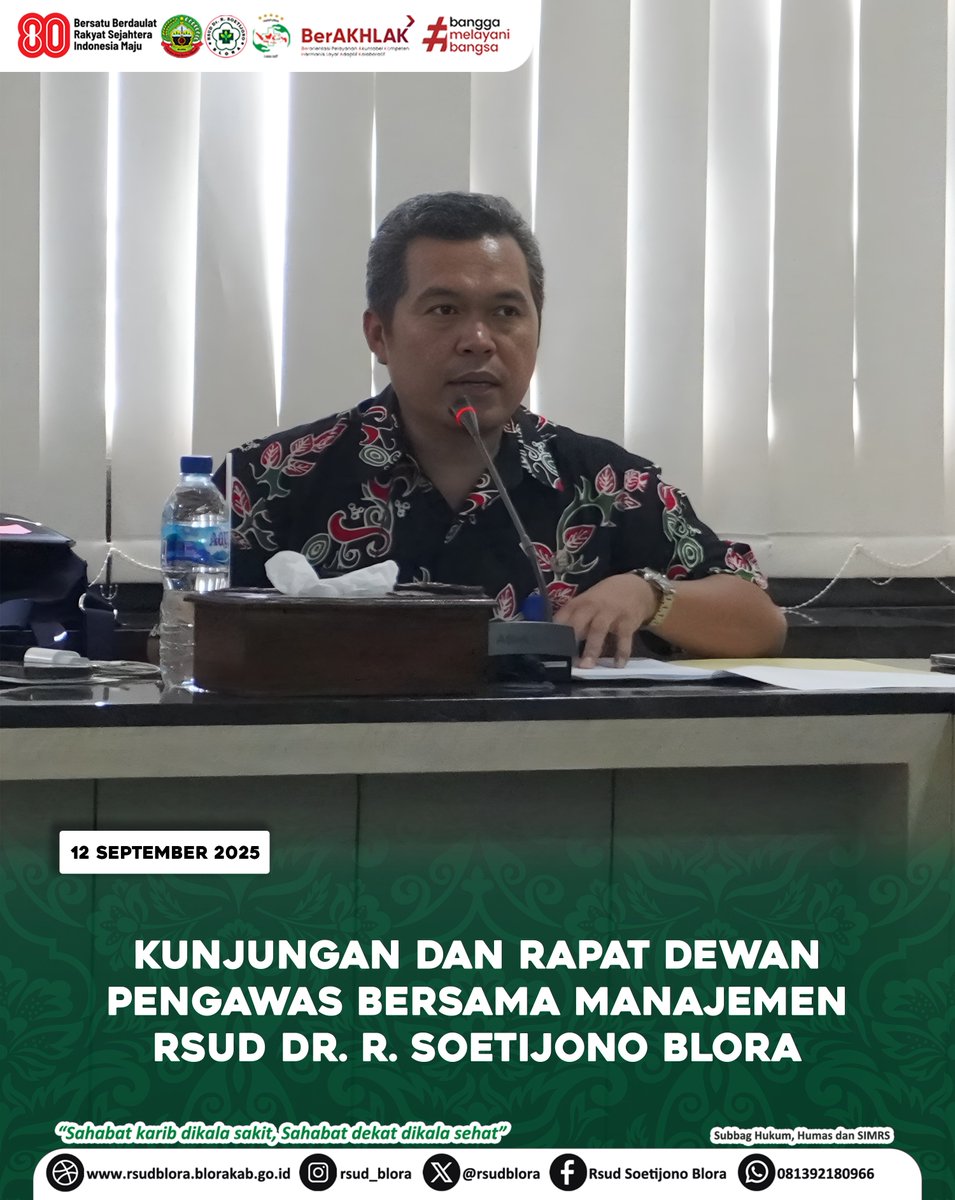 Blora, 12 September 2025 – Pada hari Jum’at, RSUD dr. R. Soetijono Blora menyelenggarakan kegiatan kunjungan sekaligus rapat Dewan Pengawas bersama jajaran manajemen rumah sakit. Acara ini bertempat di Aula Tulip RSUD dr. R. Soetijono Blora.