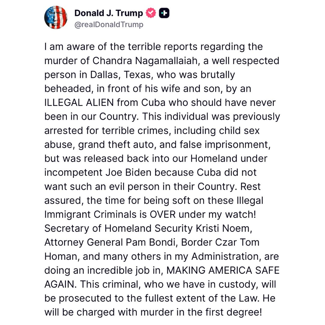 🚨 BREAKING: President Trump says he is aware of the fact an illegal alien from Cuba released into the country under Biden has beheaded a Dallas, Texas man, Chandra Nagamallaiah.

He will now be charged with murder. EXECUTE HIM.

"This individual was previously arrested for
