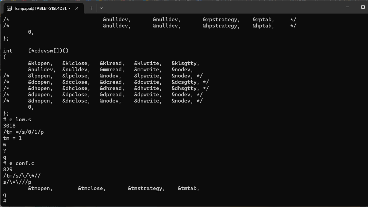 kanpapa's tweet image. edコマンドでカーネル設定の変更中。#miniunix