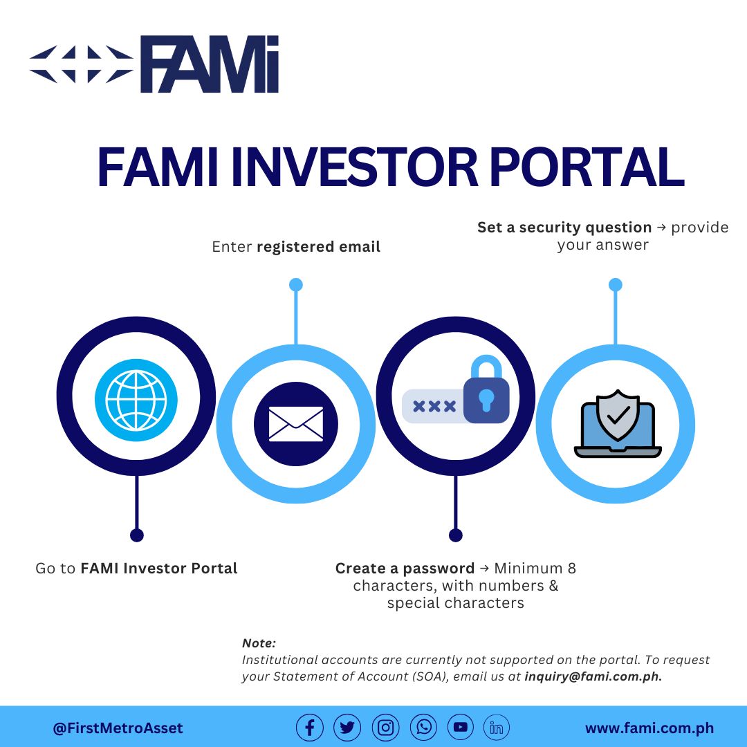 FirstMetroAsset's tweet image. Investing made easier with the FAMI Investor Portal!
Track your portfolio, view transactions &amp;amp; stay updated — anytime, anywhere.
FAMI Investor Portal Link: myinvestments.fami.com.ph/FAMI-Investor/…
Need help? inquiry@fami.com.ph