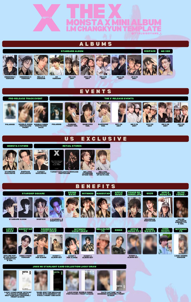 MONSTA X MINI ALBUM 𝑻𝑯𝑬 𝑿 ♾ CHANGKYUN PHOTOCARD TEMPLATE 더 엑스 창균 포토카드 리스트

+ Monsta X Store Digipack
+ Makestar FS
+ JOOX HK Starlight Collection Lucky Draw (will add unit later)

♾️HD🔗 tinyurl.com/mry7bm4p

몬스타엑스 몬엑 아이엠 THE X #NtheFront #NTF