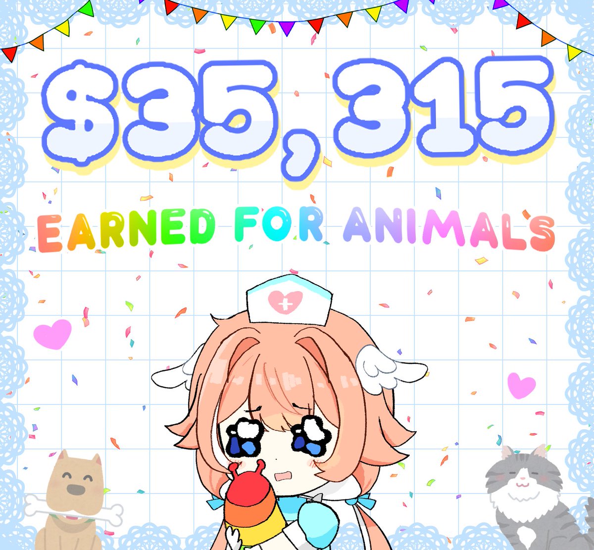 this doesn’t feel real to say but…
🐾 WE EARNED $35,315 FOR CHARITY  🧡
𓎢𓎟𓎟𓎟𓎟𓎟𓎟𓎟

Today I hosted my first ever charity event, and somehow all goals were completely shot out of the ballpark! ｡ﾟ(ﾟ´ω`ﾟ)ﾟ｡♡

I was so so so nervous for the event to start, so nervous I