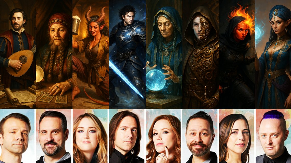 OCineMartin's tweet photo. @CriticalRole I based myself in some digging some people did on the video and onlien clues by the players (Luis probably joked about Marisha being the tank as a wizard😂) Anyway, did some AI shenanigans so we can warm up and be all wrong in the end, can't wait! https://t.co/xfV4A9dtNn